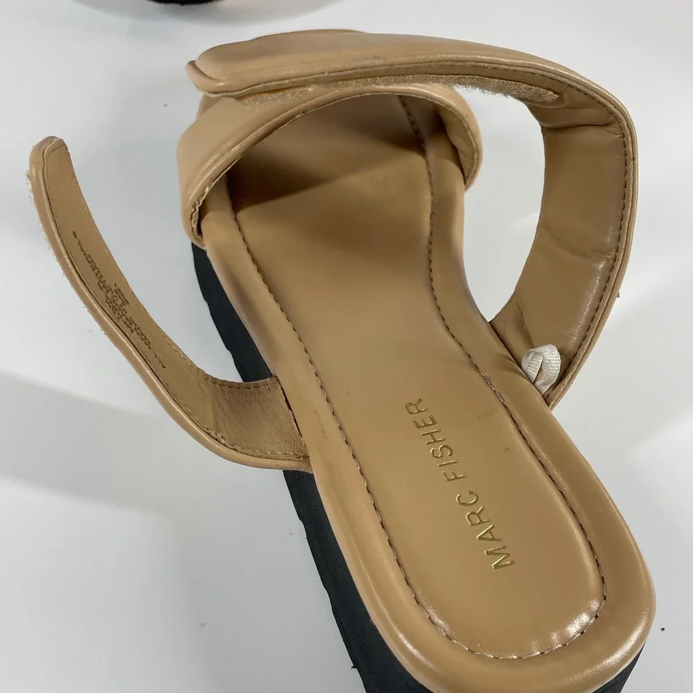 Sz 7.5 Marc Fisher Womens Tan Beige Double Strap Platform Slide Sandals Go to